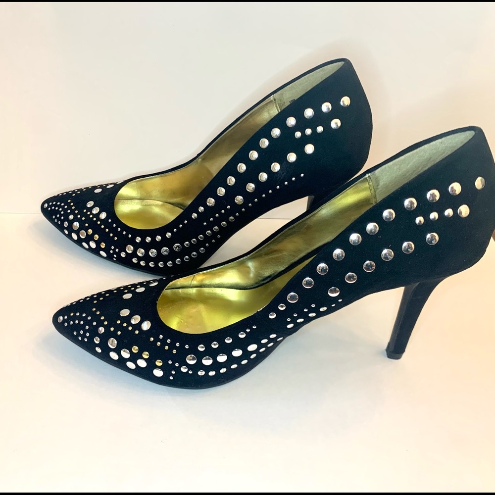 Cosmopolitan Glam heels black, silver and gold suede feel Size 10
